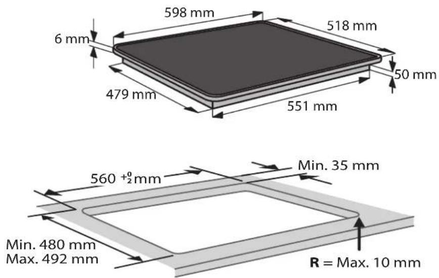 598 mm 6 mm 518 mm 479 mm 50 mm 551 mm 560 +°2mm Min. 35 mm Min. 480 mm Max. 492 mm R = Max. 10 mm