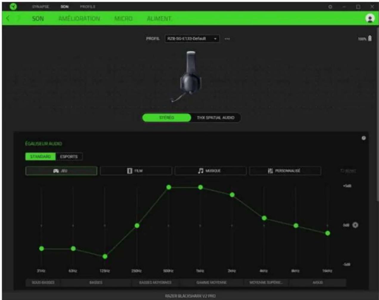 SYNAPIE SON PROFILS SON AMéliORATION MICRO ALIMENT. PROFIL: RZB-5G-E133-Default STÉRÉD THX SPATIAL AUDIO ÉGALISEUR AUDIO STANDARD ESPORTS JEU FILM MUSIQUE PERSONNALISÉ +5dB 0dB 31Hz 63Hz 125Hz 250Hz 500Hz 1kHz 2kHz 4kHz 8kHz 10kHz BOUR BASSES BASSES BASSIS MOVERNES GAMME MOVENNE MOVENNE SUPERIE AUS BAZER BLACKSHARK V2 INIO
