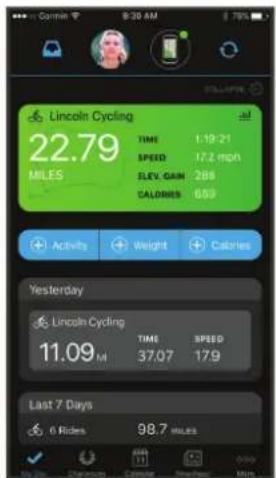 Lincoln Cycling 22.79 MILES TIME 1:19:21 SPEED 17.2 mph ELEV. GAIN 288 CALORIES 689 Activity Weight Calories Yesterday Lincoln Cycling 11.09 M I TIME 37.07 SPESD 17.9 Last 7 Days 6 Rides 98.7 MILES