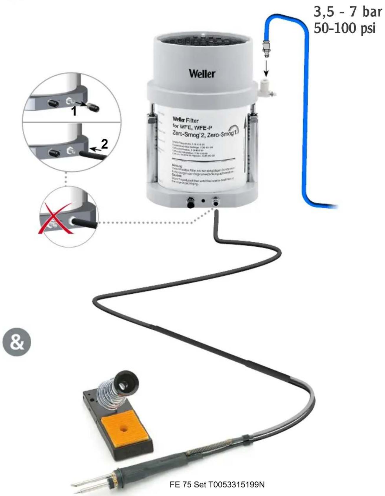 3,5 - 7 bar 50-100 psi Weller Filter for WFE, WFE-P Zero-Smog 2, Zero-Smog E Anzug: Vorwirkstoffen Filte bis für engligen Immaterielle Ausierung in der Originalverpackung aufbewertem Gutze. Show the gel/ceil filter until final wette treatment in the original (packaging). & FE 75 Set T0053315199N