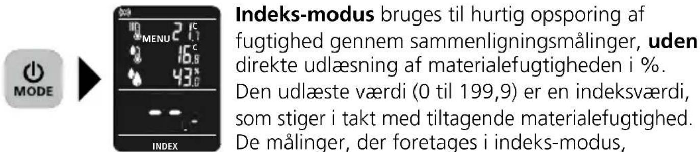 MODE INDEX 21c MENU 16.8 43.0 Indeks-modus bruges til hurtig opsporing af fugtighed gennem sammenligningsmålinger, uden direkte udlæsning af materialefugtigheden i %. Den udlæste værdi (0 til 199,9) er en indeksværdi, som stiger i takt med tiltagende materialefugtighed. De målinger, der foretages i indeks-modus,