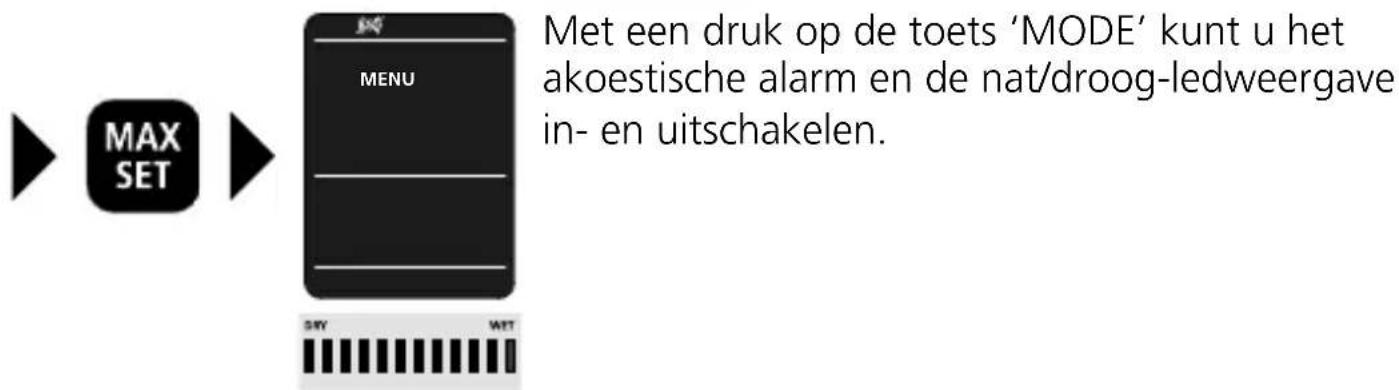MAX SET MENU Met een druk op de toets 'MODE' kunt u het akoestische alarm en de nat/droog-ledweergave in- en uitschakelen.