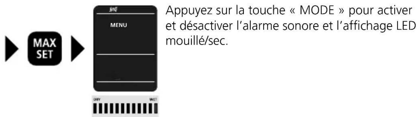 MAX SET MENU Appuyez sur la touche « MODE » pour activer et désactiver l'alarme sonore et l'affichage LED mouillé/sec.