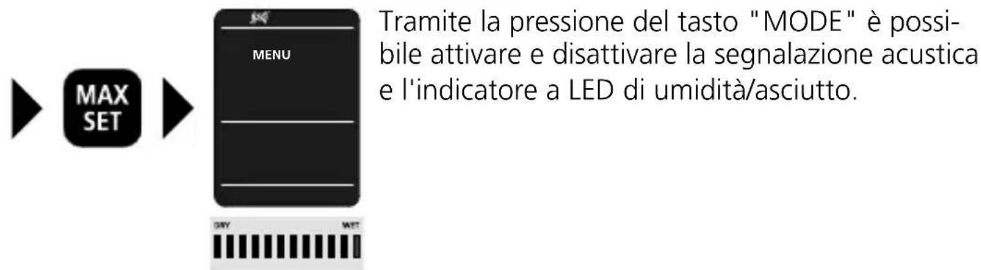 Tramite la pressione del tasto "MODE" è possibile attivare e disattivare la segnalazione acustica e l'indicatore a LED di umidità/asciutto.