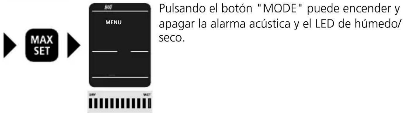 Pulsando el botón "MODE" puede encender y apagar la alarma acústica y el LED de húmedo/seco.