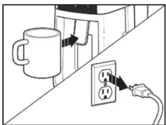 Diagram showing a coffee cup connected to an electrical outlet with power plug, illustrating appliance circuitry or installation.