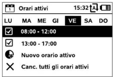 Orari attivi 15:32 LU MA ME GI VE SA DO ✓ 08:00 - 12:00 ✓ 13:00 - 17:00 Nuovo orario attivo × Canc. tutti gli orari attivi