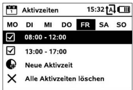 Aktivzeiten 15:32 A III MO DI MI DO FR SA SO ✓ 08:00 - 12:00 ✓ 13:00 - 17:00 ● Neue Aktivzeit × Alle Aktivzeiten löschen