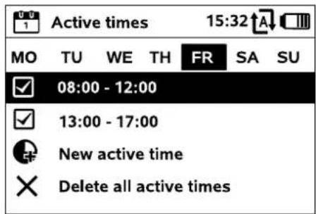 Active times 15:32 MO TU WE TH FR SA SU ✓ 08:00 - 12:00 ✓ 13:00 - 17:00 New active time ✗ Delete all active times