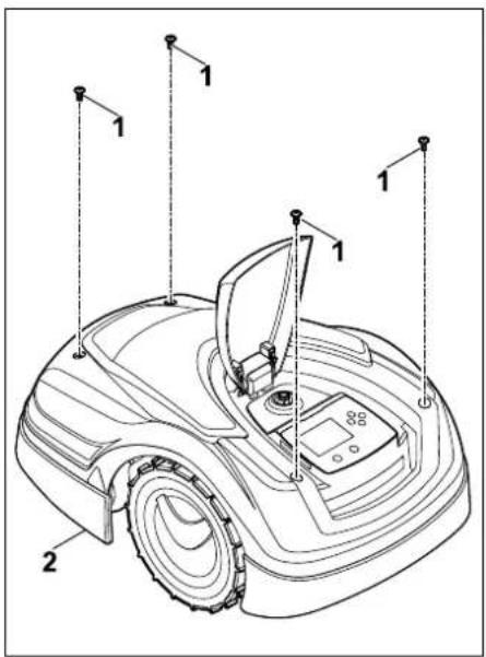 Technical diagram of a robotic lawn mower with labeled parts and numbered callouts