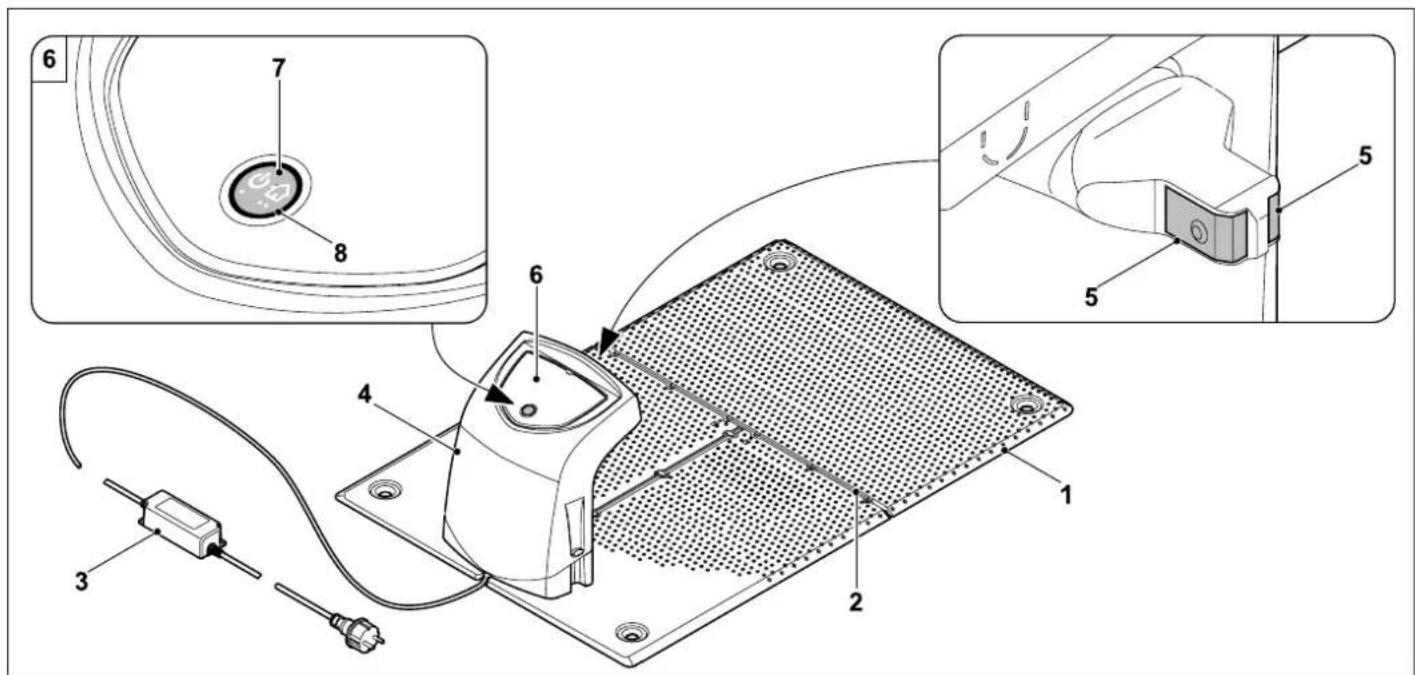 Technical diagram of a device with numbered components and labeled parts, including a sensor or connector assembly.