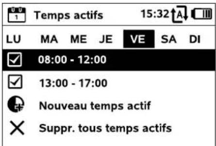10 Temps actifs 15:32 LU MA ME JE VE SA DI ✓ 08:00 - 12:00 ✓ 13:00 - 17:00 Nouveau temps actif × Suppr. tous temps actifs