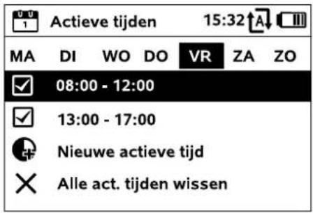 00 1 Actieve tijden 15:32 A MA DI WO DO VR ZA ZO ✓ 08:00 - 12:00 ✓ 13:00 - 17:00 Nieuwe actieve tijd × Alle act. tijden wissen