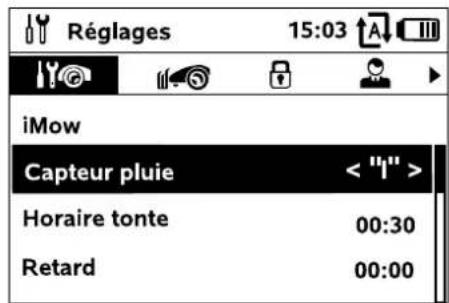 Réglages 15:03 iMow Capteur pluie < "I" > Horaire tonte 00:30 Retard 00:00