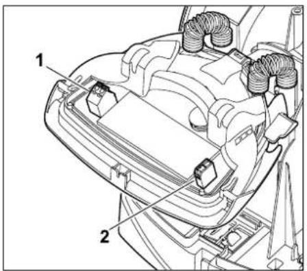 Technical diagram of a vehicle engine compartment with labeled parts 1 and 2