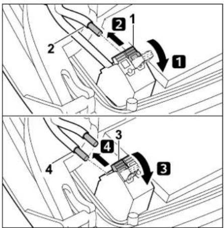 Technical diagram showing mechanical assembly steps with numbered components and directional arrows indicating motion or movement.