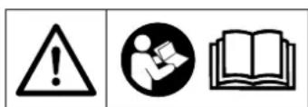Warning symbol and three icons: warning triangle, person reading a book, and open book