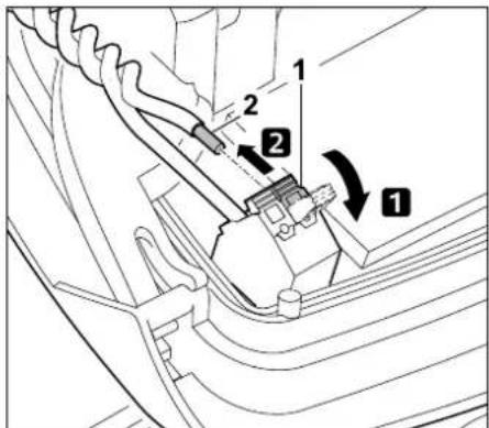 Technical diagram of a mechanical assembly with numbered components and directional arrows indicating motion or flow.