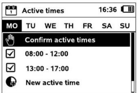 Active times 16:36 MO TU WE TH FR SA SU Confirm active times 08:00 - 12:00 13:00 - 17:00 New active time