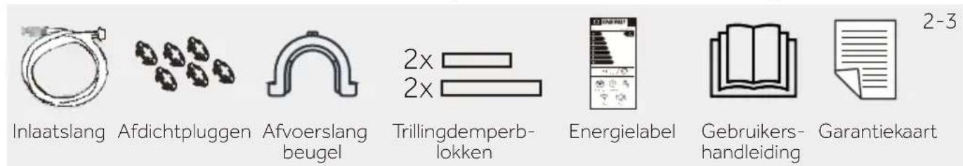 Inlaatslang Afdichtpluggen Afvoerslang beugel Trillingdemperblokken Energielabel Gebruikershandleiding Garantiekaart 2-3