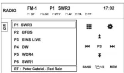 RADIO FM-1 P1 SWR3 17:02 □ ST □LOC □PTY □AF □TA □TP P1 SWR3 P2 BFBS P3 EINS LIVE P4 DW P5 WDR4 P6 SWR1 RT : Peter Gabriel - Red Rain BAND 1/2 MEM