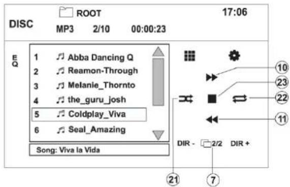 DISC ROOT 17:06 MP3 2/10 00:00:23 E Q 1 Abba Dancing Q 2 Reamon-Through 3 Melanie_Thornto 4 the_guru_josh 5 Coldplay_Viva 6 Seal_Amazing Song: Viva la Vida DIR - 2/2 DIR + ①②③④⑤⑥⑦⑧⑨⑪