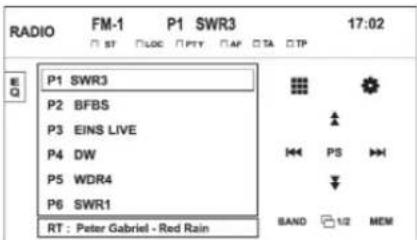 RADIO FM-1 P1 SWR3 17:02 □ ST □LOC □PST □AF □TA □TP P1 SWR3 P2 BFBS P3 EINS LIVE P4 DW P5 WDR4 P6 SWR1 RT : Peter Gabriel - Red Rain BAND 1/2 MEM