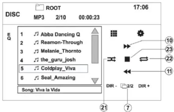 DISC ROOT 17:06 MP3 2/10 00:00:23 E 1 Abba Dancing Q 2 Reamon-Through 3 Melanie_Thornto 4 the_guru_josh 5 Coldplay_Viva 6 Seal_Amazing Song: Viva la Vida DIR - 2/2 DIR + ①②③⑪ ⑫⑦⑩