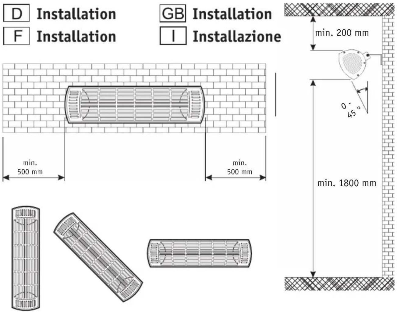 D Installation GB Installation F Installation I Installazione min. 500 mm min. 500 mm min. 200 mm 0 - 45° min. 1800 mm