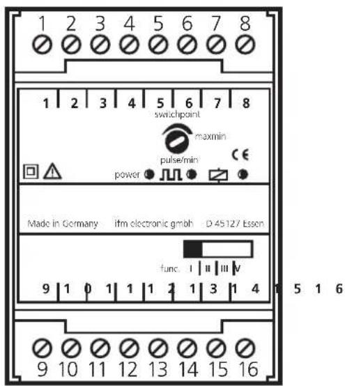 1 2 3 4 5 6 7 8 switchpoint maxmin pulse/min CE power Made in Germany ifm electronic gmbh D-45127 Essen func I II III V 9 1 0 1 1 1 2 1 3 1 4 9 10 11 12 13 14 15 16