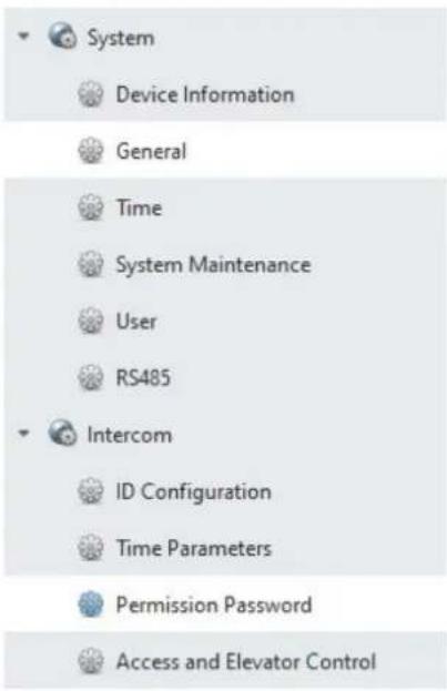 System Device Information General Time System Maintenance User RS485 Intercom ID Configuration Time Parameters Permission Password Access and Elevator Control