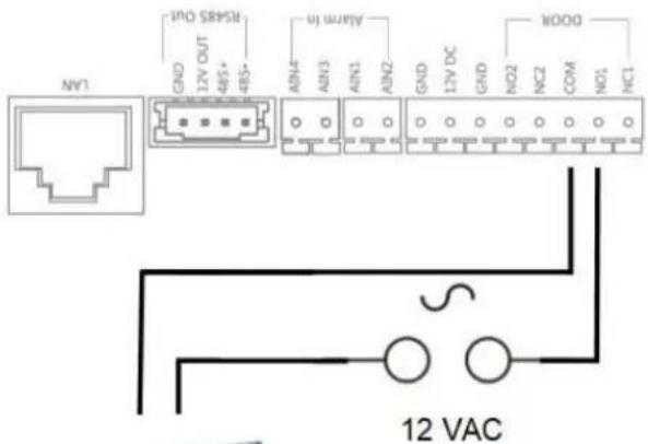 NY GND 12V OUT 485+ 485- SANS OUT AIN4 AIN3 AIN1 AIN2 Alarm to GND 12V DC GND NO2 NC2 COM NO1 NC1 OOO 12 VAC
