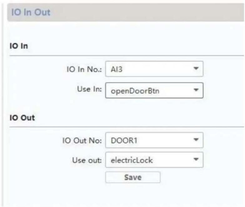 IO In Out IO In IO In No.: AI3 Use In: openDoorBtn IO Out IO Out No: DOOR1 Use out: electricLock Save