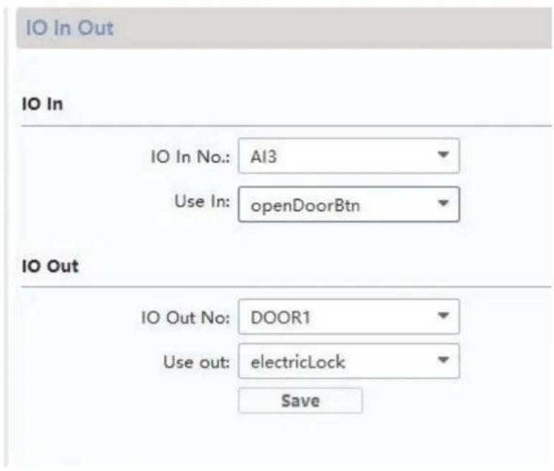 IO In Out IO In IO In No.: AI3 Use In: openDoorBtn IO Out IO Out No: DOOR1 Use out: electricLock Save