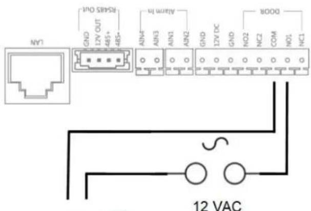 LAN GND L2V OUT 465+ 485- RSABS OUT AIN4 AIN3 AIN1 AIN2 Alarm to GND L2V DC GND NO2 NC2 COM NO1 NC1 DOOR 12 VAC