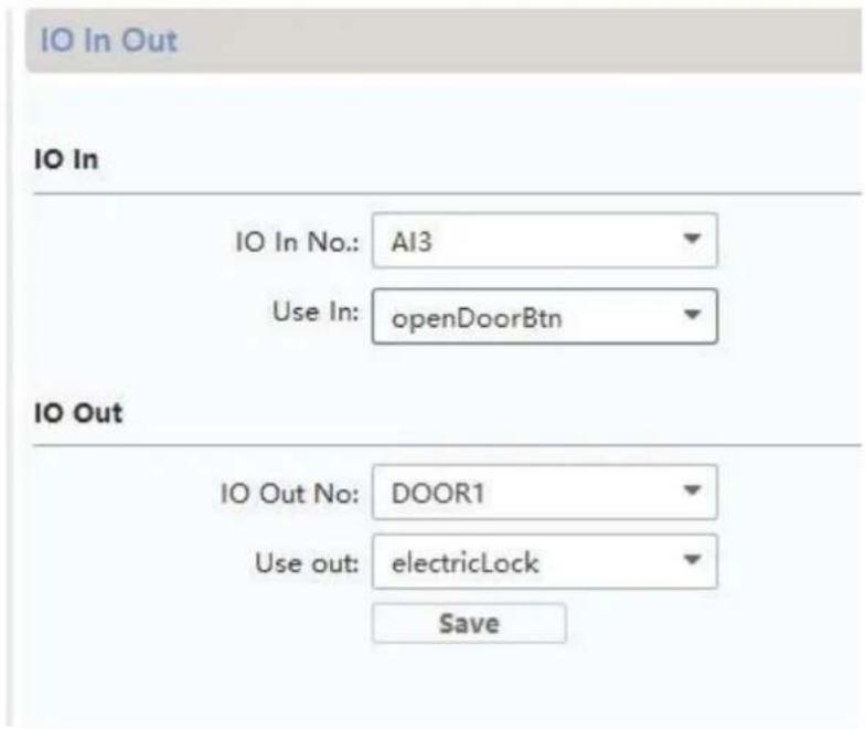 IO In Out IO In IO In No.: AI3 Use In: openDoorBtn IO Out IO Out No: DOOR1 Use out: electricLock Save
