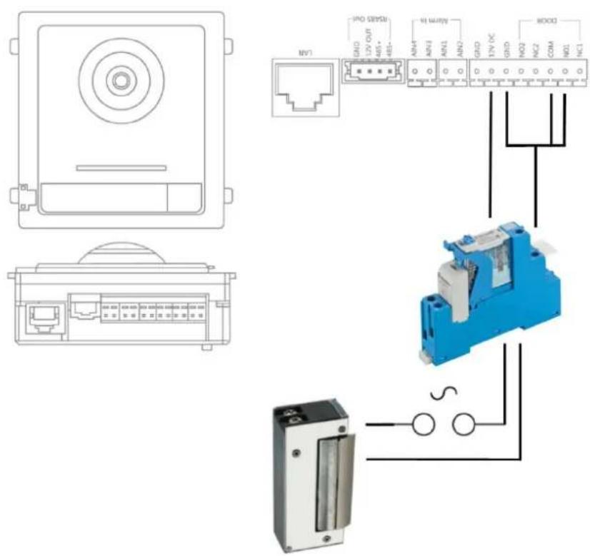 Technical diagram showing connections between a device with labeled ports and an electrical component, including wiring and terminal labels.