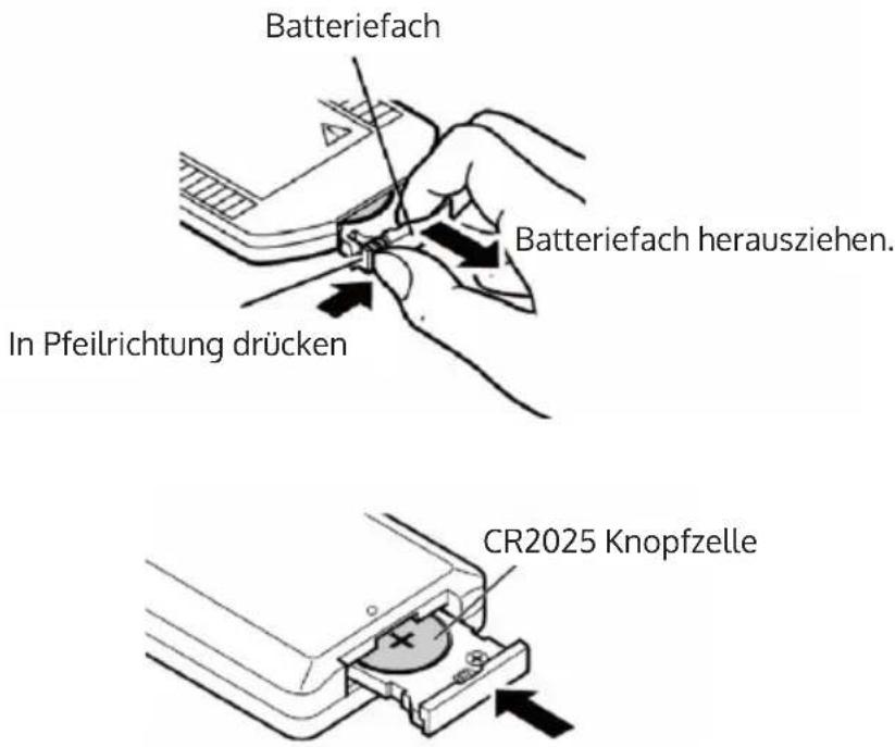 Batteriefach Batteriefach herausziehen. In Pfeilrichtung drücken CR2025 Knopfzelle