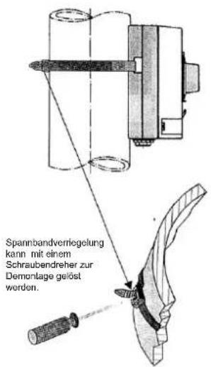 Spannbandverriegelung kann mit einem Schraubendreher zur Demontage gelöst werden.