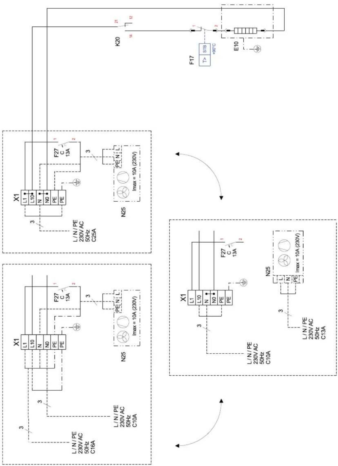 L/N/PE 230VAC 50Hz C16A L/N/PE 230VAC 50Hz C10A X1 L1 L10 N N0 PE PE F27 C 13A 1 2 3 Imax = 10A (230V) N25 F17 STB +90°C E10 K20 14 12 21 1 2 3 Imax = 10A (230V) X1 L10 N N0 PE PE F27 C 13A 1 2 3 Imax = 10A (230V) N25 L/N/PE 230VAC 50Hz C10A L/N/PE 230VAC 50Hz C13A