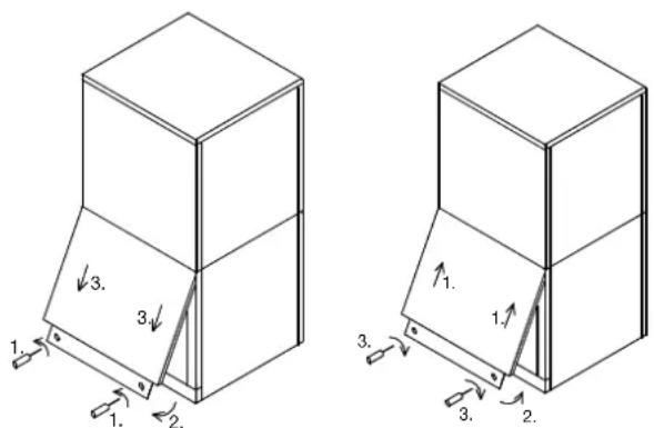 Technical diagram showing two 3D mechanical components with numbered parts and directional arrows indicating assembly or movement.