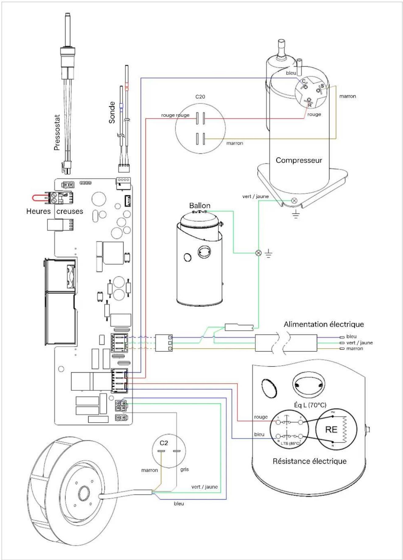 Pressostat Sonde Heures creuses C20 rouge rouge marron bleu C2 rouge rouge marron Compresseur val / jaune Ballon Alimentation électrique bleu vert / jaune marron C2 marron gris vert / jaune bleu Éq L (70°C) RE Résistance électrique