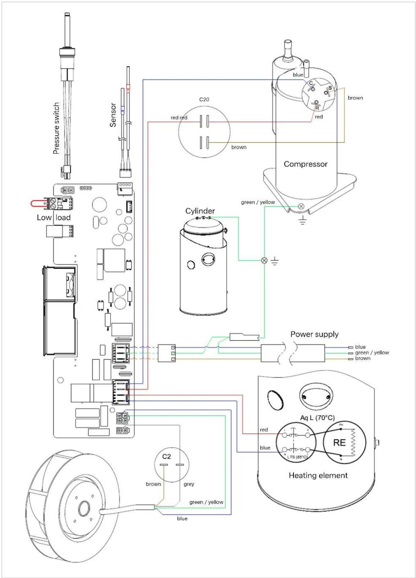 Pressure switch Sensor Low load C20 red red brown blue Brown Compressor Cylinder green / yellow Power supply blue green / yellow brown C2 brown grey green / yellow blue Aq L (70°C) RE LTS (85°C) Heating element