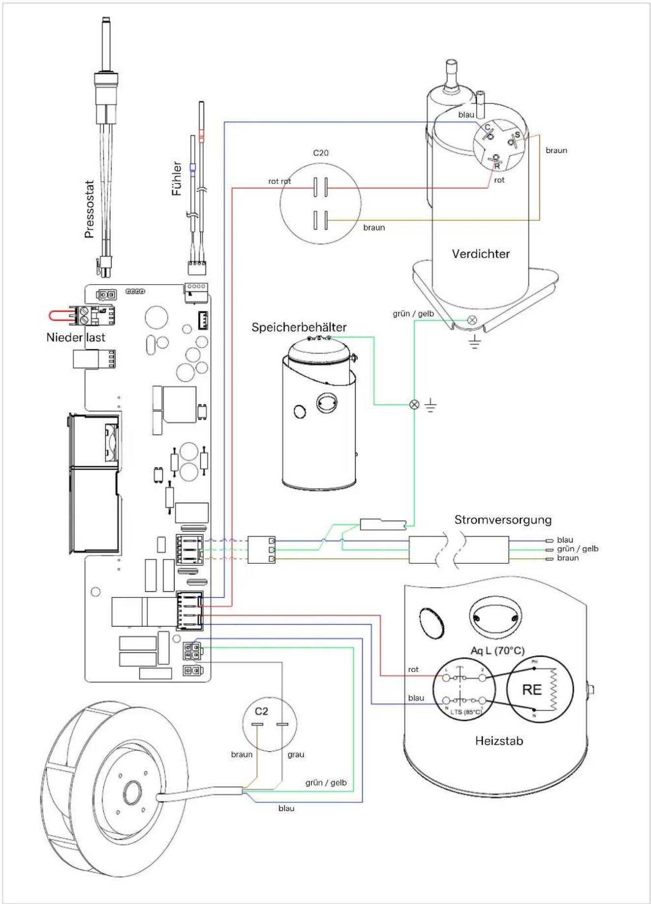 Pressostat Fühler Nieder last C20 rot rot braun brau blau C S D R rot braun Verdichter Speicherbehälter grün / gelb Stromversorgung blau grün / gelb braun Aq L (70°C) RE Heizstab rot blau LTS (85°C) C2 braun grau grün / gelb blau