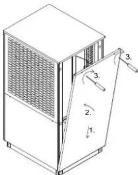 Technical diagram of a mechanical device with numbered components and directional arrows indicating motion or assembly.