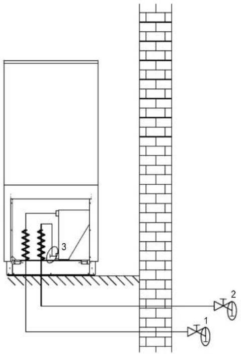 Technical diagram showing a mechanical or electrical system with labeled components and connections, including springs, valves, and a brick wall.