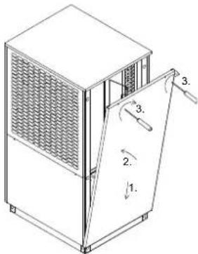 Technical diagram of a mechanical device with numbered components and directional arrows indicating motion or assembly.