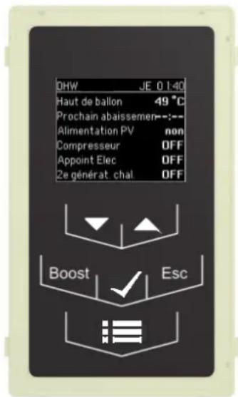 DHW JE 0140 Haut de ballon 49 °C Prochain abaissemen--:-- Alimentation PV non Compresseur OFF Appoint Elec OFF 2e générat chal OFF Boost Esc