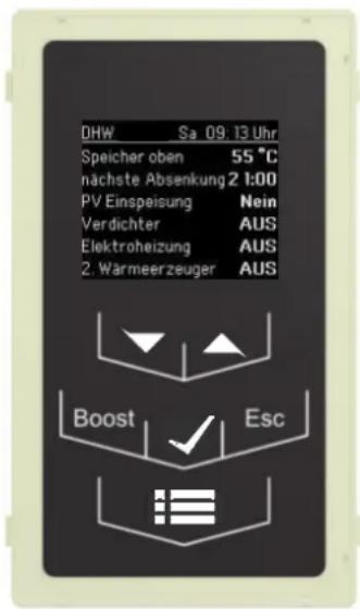 DHW Sa 09.13 Uhr Speicher oben 55 °C nachste Absenkung 2 I:00 PV Einspeisung Nein Verdichter AUS Elektroheizung AUS 2. Warmeerzeuger AUS Boost Esc