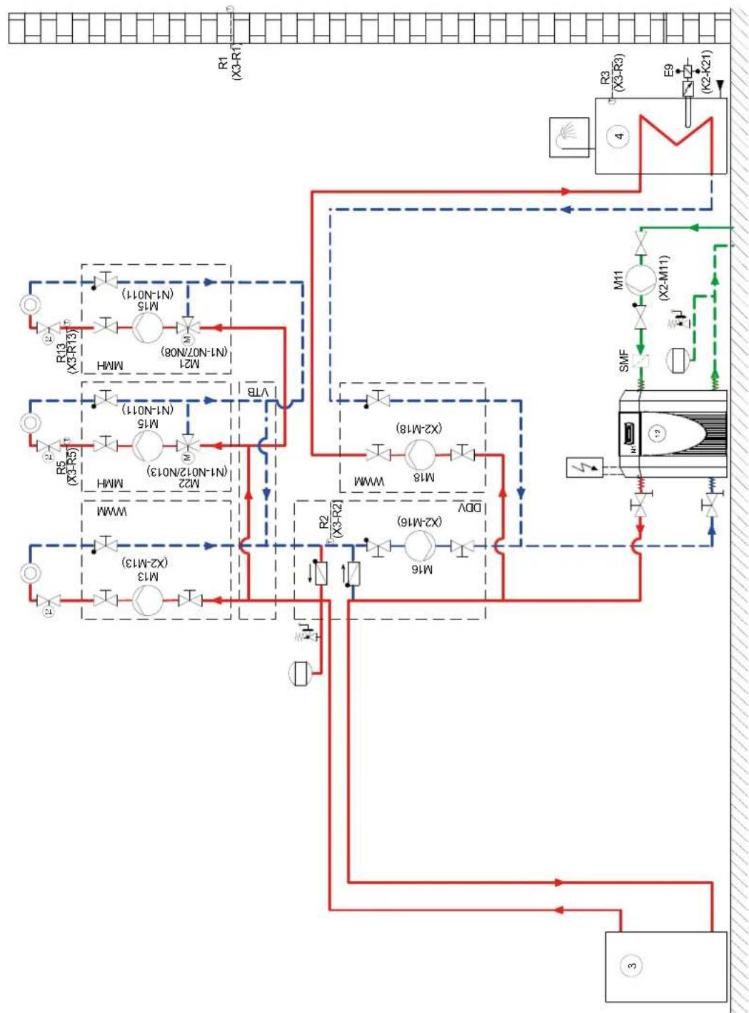 DIMPLEX SI 26TU - Monovalente Wärmepumpenanlage mit 3 Heizkreisen und Warmwasserbereitung / Monovalent heat pump system with three heating circuits and domestic hot water preparation / Installation monovalente de pompe à chaleur avec trois circuits de chauffage et production d'eau chaude sanitaire - 1